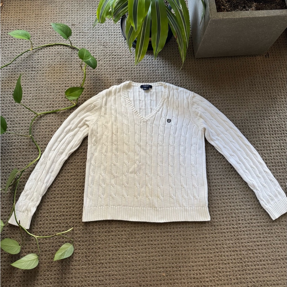 Chaps White Cable Knit V-Neck Sweater
